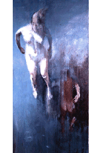 Oniric painting of falling nude woman and nude man